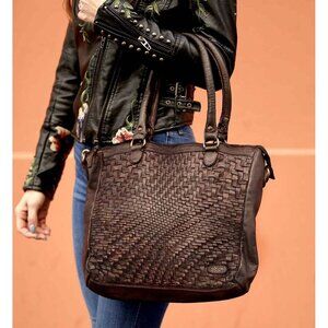 Bed Stu Susanne Bag Woven Dark Brown Leather Crossbody Shoulder Large